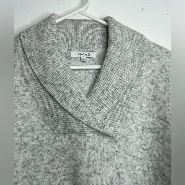 Madewell Shawl Collar Wool Sweater Grey Marled Knit Pullover Puff Sleeve. Size S - Image 3