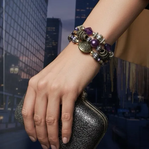 3 Piece Elegant Purple‎ Beaded Bracelet Purple - Image 2