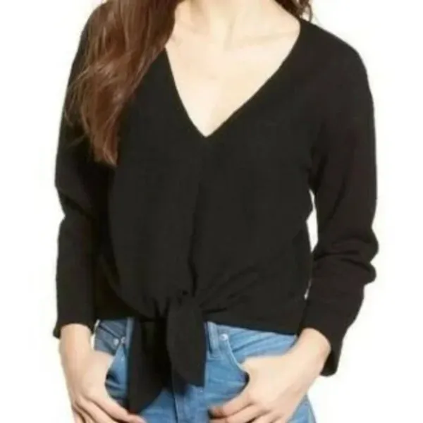 Madewell Texture & Thread Long Sleeve Tie-front Black Top - Image 4
