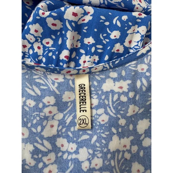 Grecerelle Blue & White Floral Print V-Neck Short Sleeve High Low Maxi Dress - Image 11