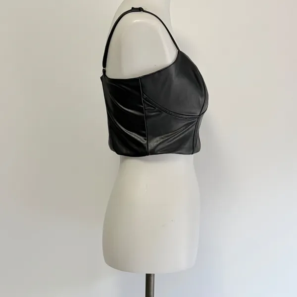 Express Body Contour Corset Top Medium Black Faux Leather Bustier Cropped Cai - Image 4