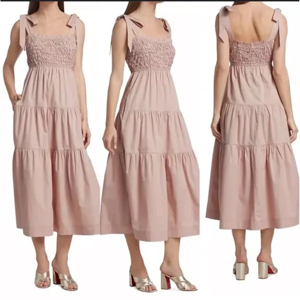 En Saison Smocked Tiered Midi Dress Tie Strap Casual Pink Size S‎ - Image 2