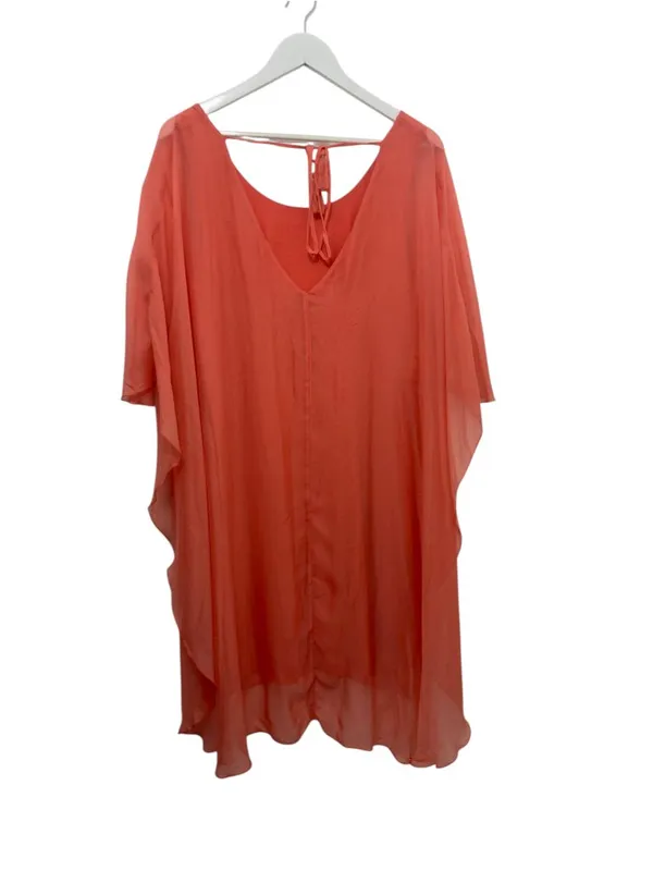Tommy Bahama Lanai Breeze Double Layer Chiffon Tunic Dress M Coral Pink Tassel - Image 3