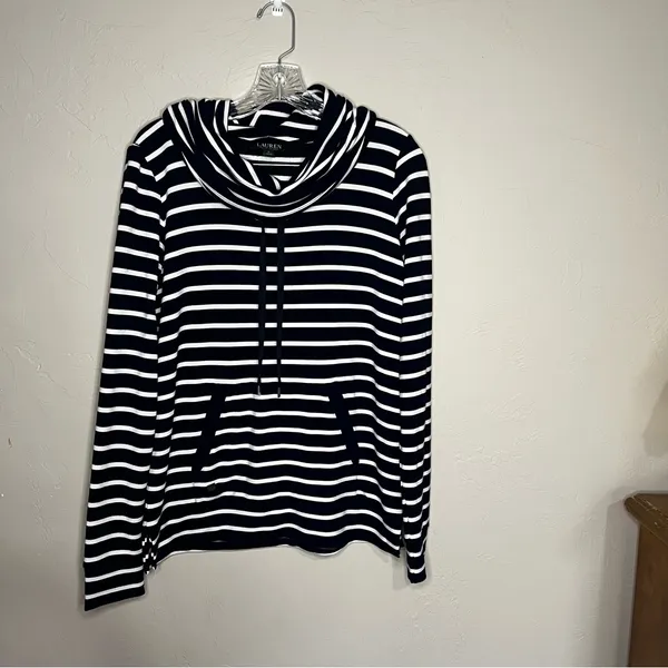 Lauren Ralph Lauren Blue White‎ Striped Cowl Neck Nautical Kangaroo Pocket Top - Image 2