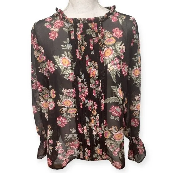 Pink Rose Floral Long Sleeve Pleated Blouse - Image 3