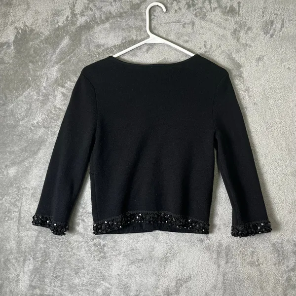 Ann Taylor Black Fine Knit Merino Cardigan Sequin Edge Trim‎ XS Minimalist - Image 5