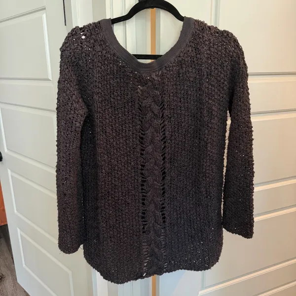 Free People V-Neck Open Cable Knit Charcoal Hi-Low Sweater - Image 5