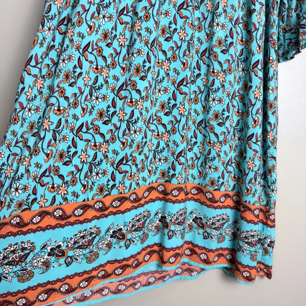 Women's Boho Floral Midi Dress L Turquoise Peasant Hippie Resort Empire Waist - Image 5