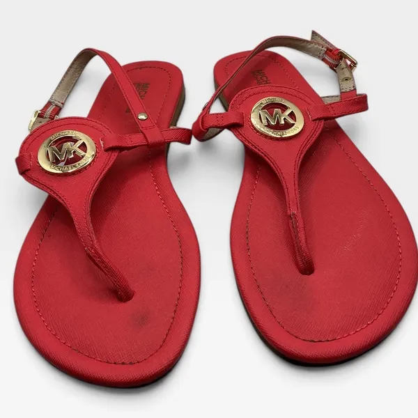 Michael Kors Plate Thong Sandals Red Saffiano Gold Logo Medallion 7.5M RN17A - Image 2
