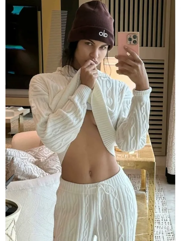 Alo Cable Knit Winter Bliss Pants Ivory High-Rise Waist Chunky Sweater Joggers S - Image 7