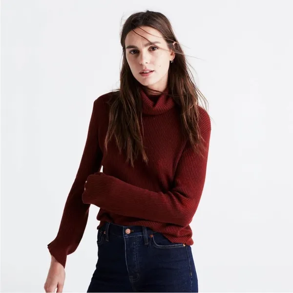 Madewell Bell Sleeve ribbed Turtleneck Sweater size small red‎ / brown - Image 2