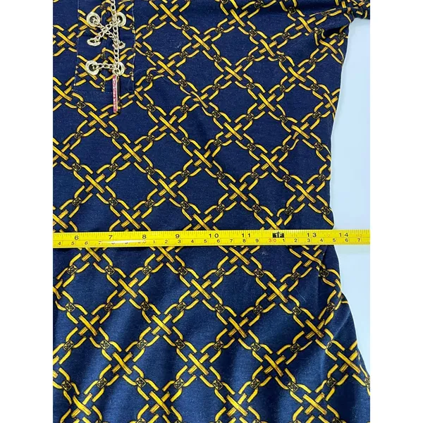 Michael Kors Navy Gold Chain Link Monogram Lace Up‎ Dress Small Long Sleeve Belt - Image 7