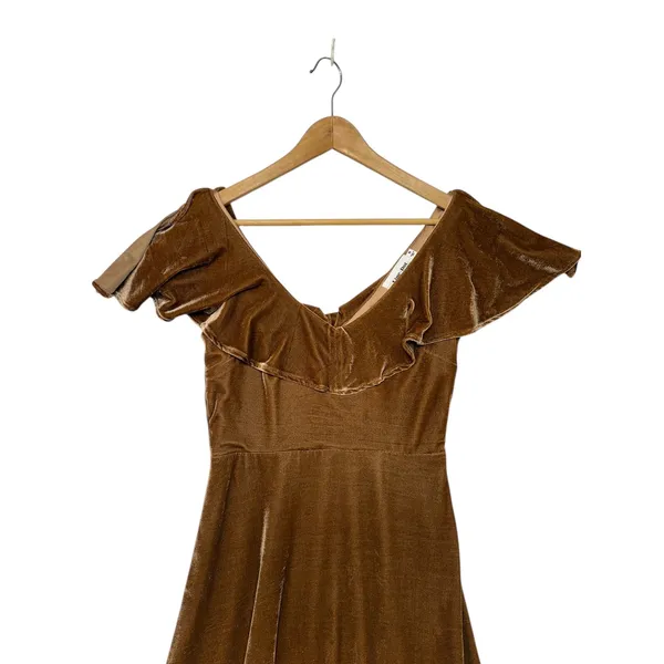 Line Dot Brown Velvet Ruffle Midi‎ Dress Winter Feminine Cocktail Holiday S - Image 7
