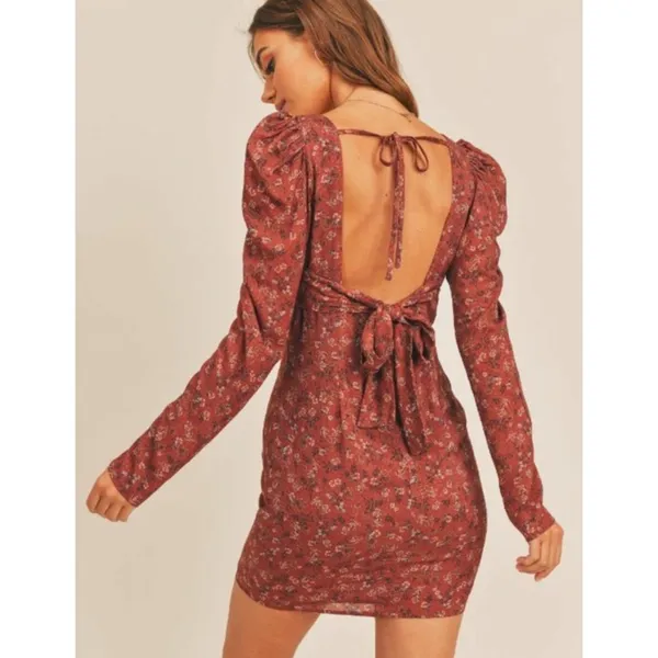 SADIE & SAGE Floral Burgundy Ruched Long Sleeve Bodycon Mini Dress Womens Medium - Image 2