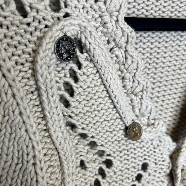 Unique Beige Knit Cardigan Sweater Buttons Fringe Tassel Boho‎ - Image 3