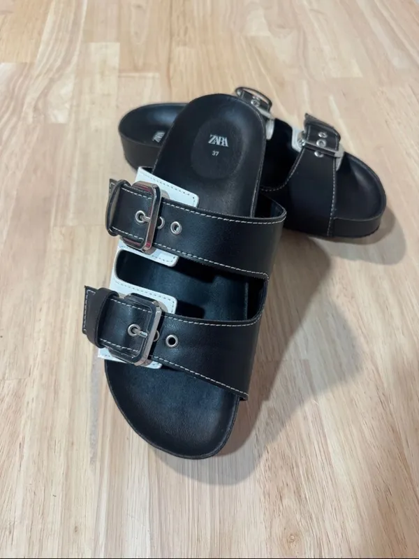 Zara Black and White Double Buckle Slide Sandals EUC - Image 4