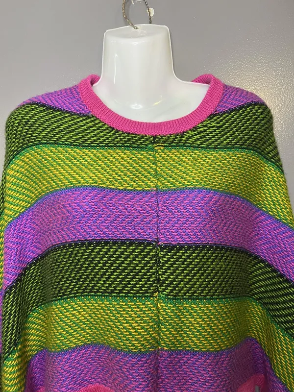 Colorful Striped Poncho Womens One Size Multicolor Fringe Knit Boho Lightweight - Image 2
