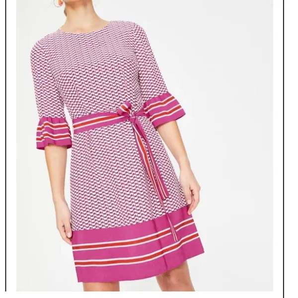 Boden‎ Women's Andrea Belted Dress Pink White Orange Floral Stripes Bell Sleeve - Image 10