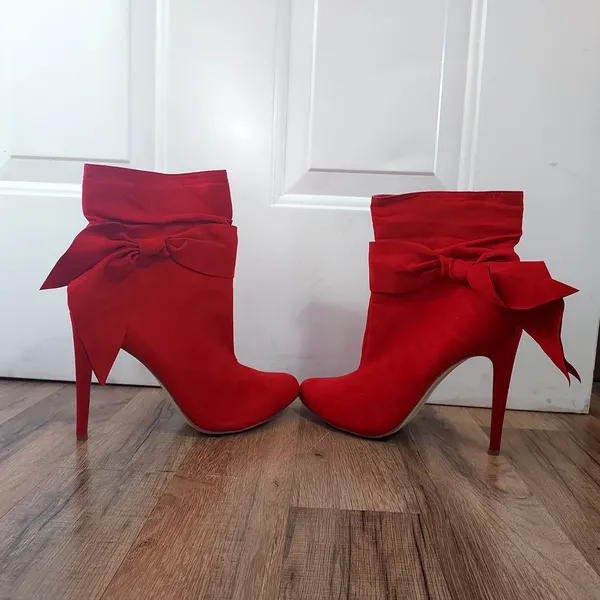 Vegan Suede Shoe Dazzle Lipstick Red Stilletto Ankle Boots w/ Bow Women's Sz 10 - Image 6