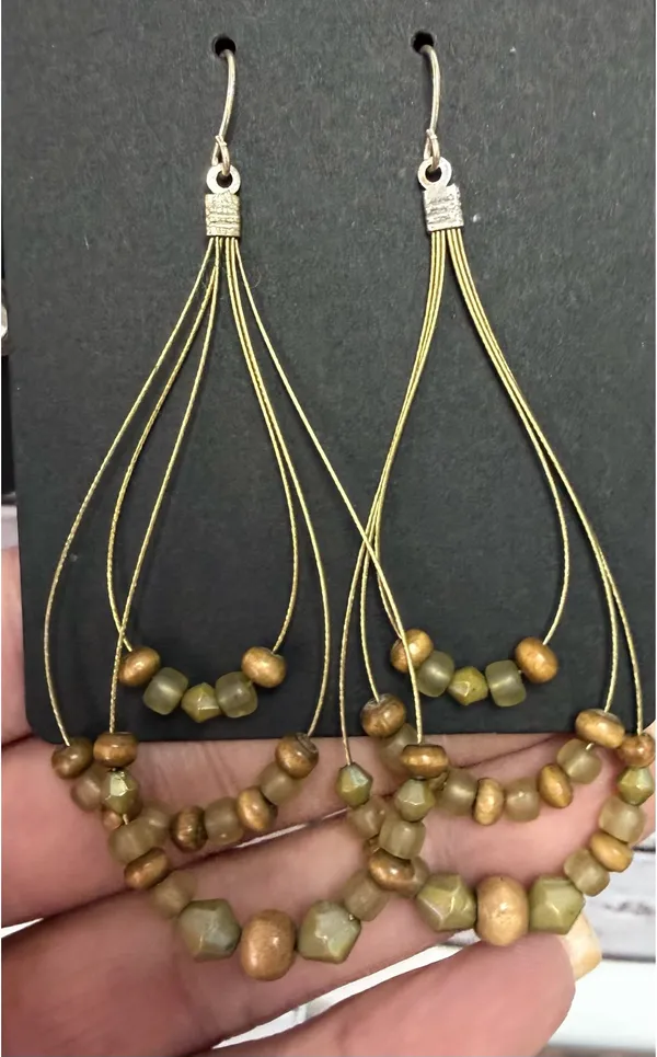 Boutique Gold and Green Beaded Earrings - Image 2