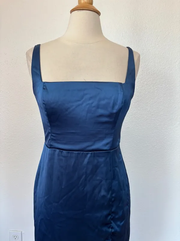 Lulu's Deep Blue Satin Square-Neck Midi Dress - Image 2