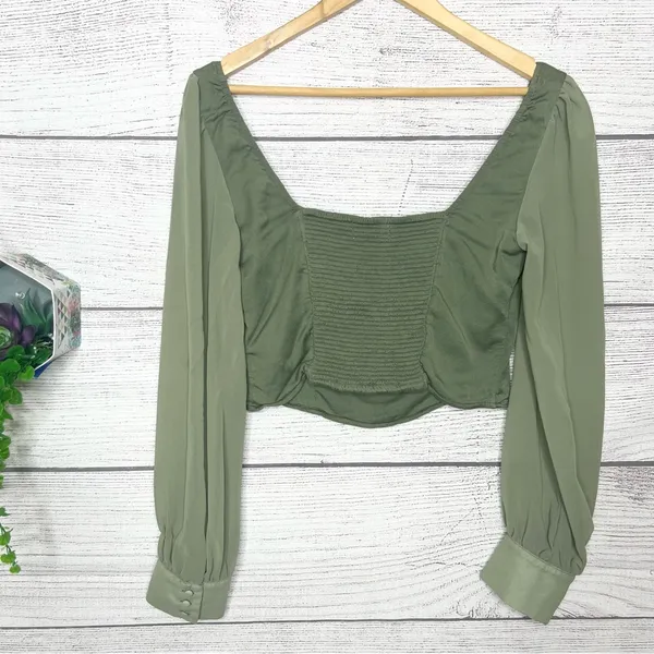 Urban Outfitters Green Sheer Long Sleeve Peasant Crop Top Size Large Bridgerton - Image 7