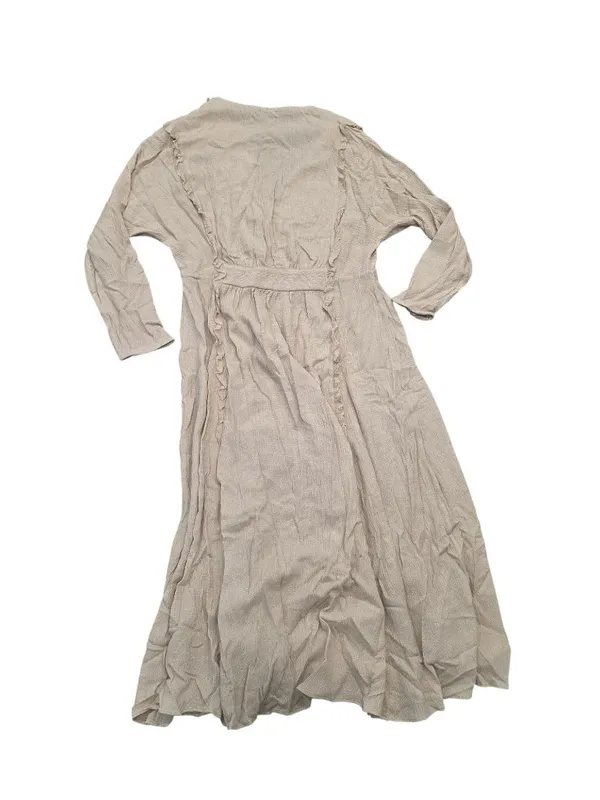 Massimo Dutti Beige Textured Long-Sleeve Midi Dress Ruffle & V-Neckline Size M - Image 7
