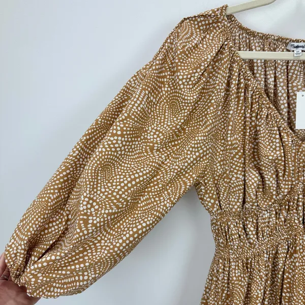 Madewell V Neck Balloon Sleeve Maxi Dress Spiral Dot Tan Smocked Boho US 00 NWT - Image 12