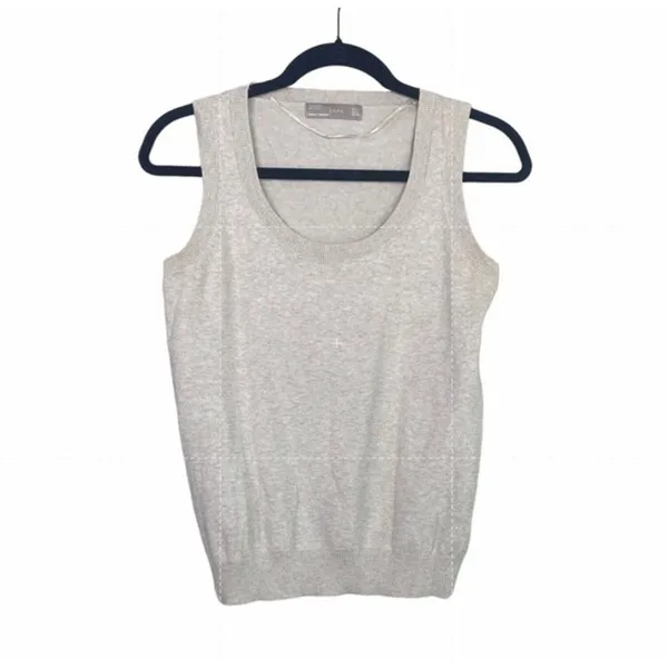 ZARA Sleeveless Cotton Knit Sweater Vest Rib Trim Pullover Lightweight L Cream - Image 10
