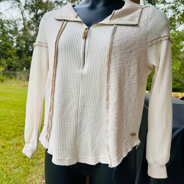 BKE Women’s Waffle Knit Quarter Zip Hoodie Small Cream Hooded Pullover - Image 5