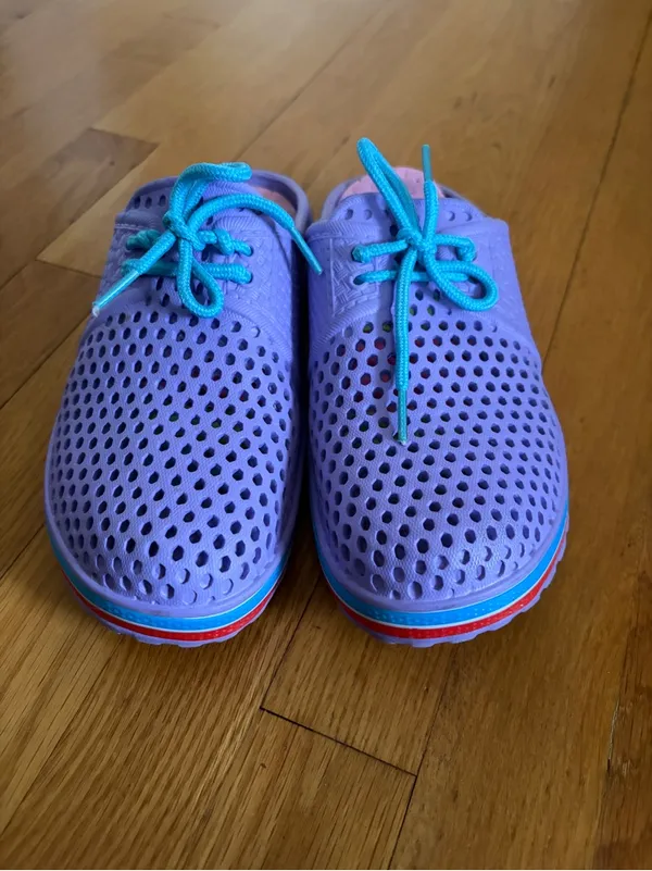 Purple Womens Plastic Clogs Sz 9 10 Slip On Laces Perforated Shoes - Image 2