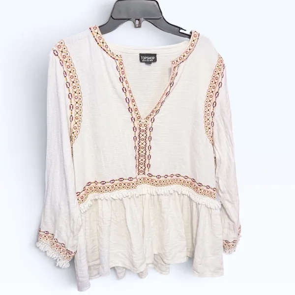 Topshop Ivory Embroidered Boho Peasant Blouse Babydoll Fringe Top US 12 - Image 2