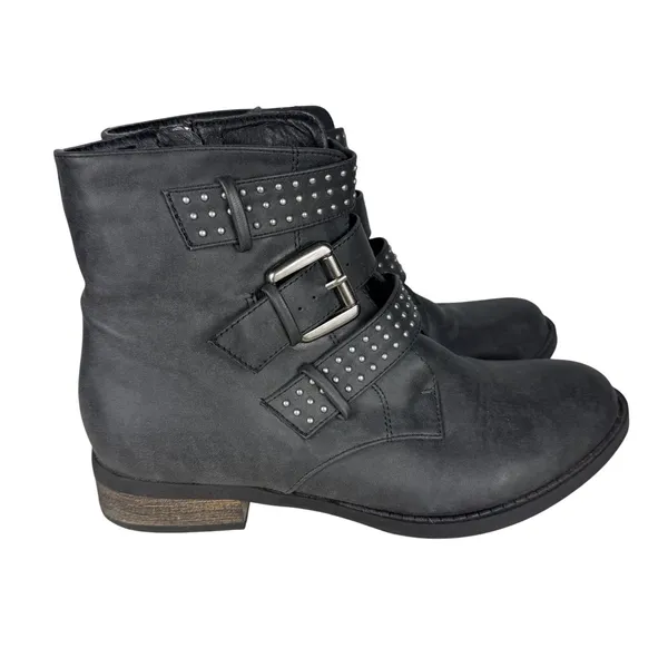 Diba Womens Black Studded Triple Buckle Moto Ankle Boots Size 7.5M Round Toe - Image 2