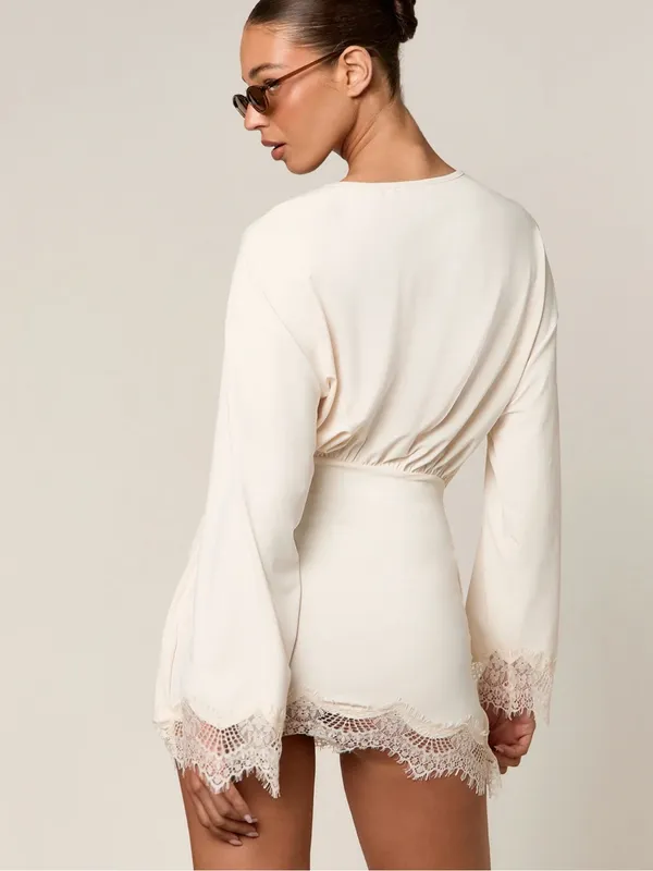 AiiRZ Long Sleeve Jersey Mini Dress With Lace Trim Cream Large NWT - Image 4