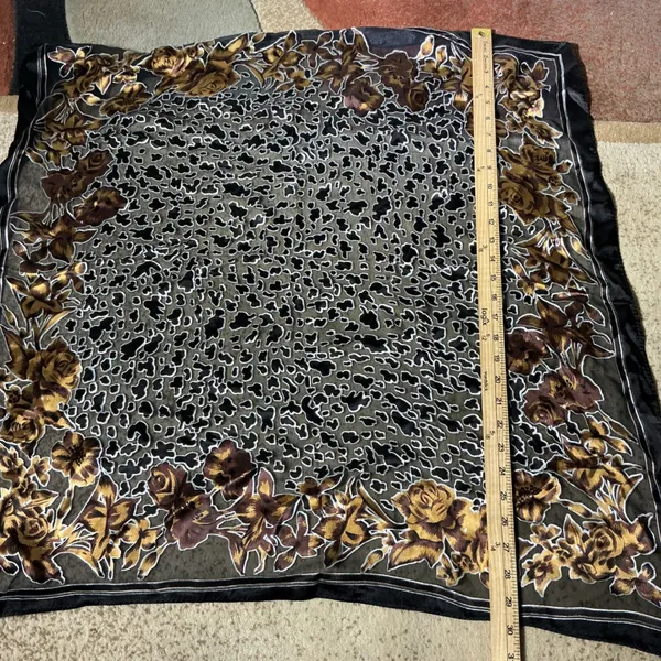 Unbranded Floral Leopard Print Square Scarf Womens OS Black Gold Sheer Silk Feel - Image 2