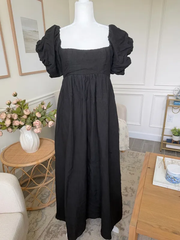 A. REN Candace Linen Maxi Dress Washed Black Puff Sleeve Smocked Back M - Image 3
