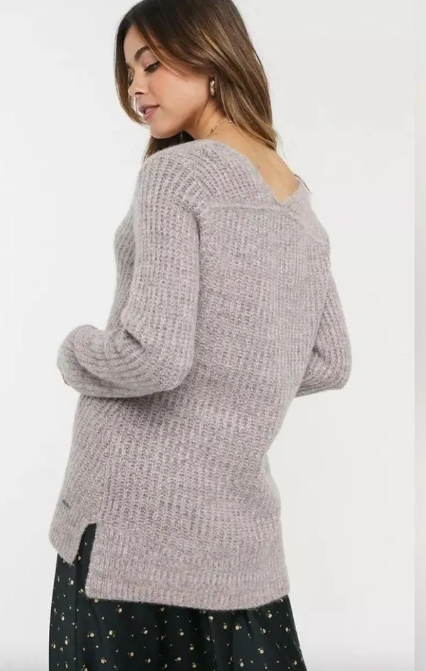 Abercrombie V-Neck Knitted Sweater in Rib - Pink/Grey Marl - M - Image 2