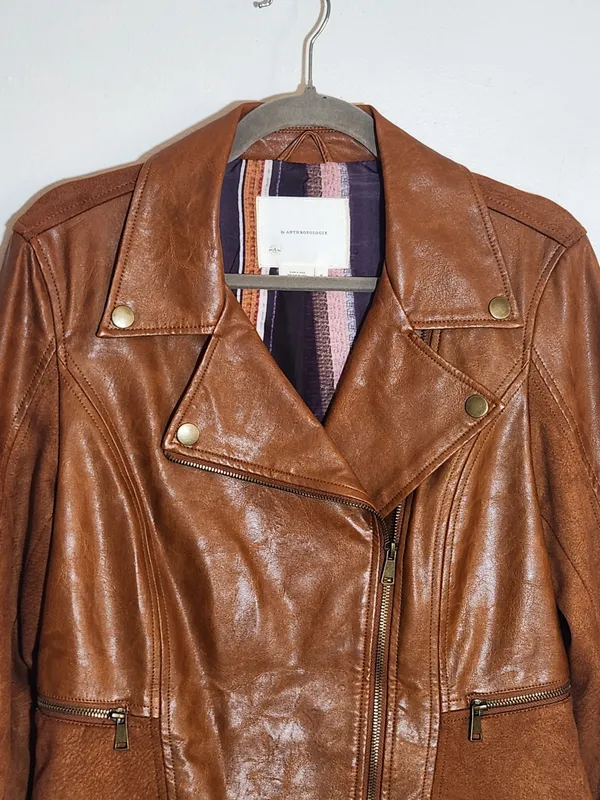 By Anthropologie Brown Robyn Faux Leather Moto Jacket Size Medium - Image 2