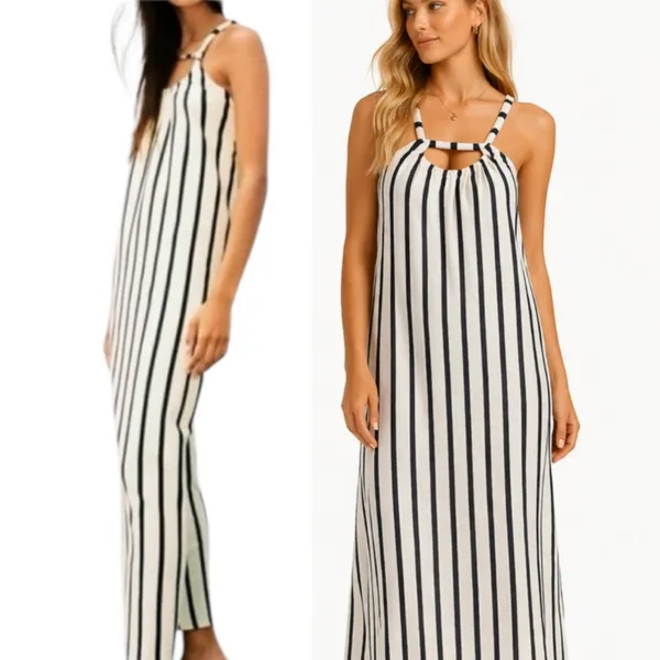 Zara Cotton Knit Striped Midi Dress in Navy Cream Size M - Image 2