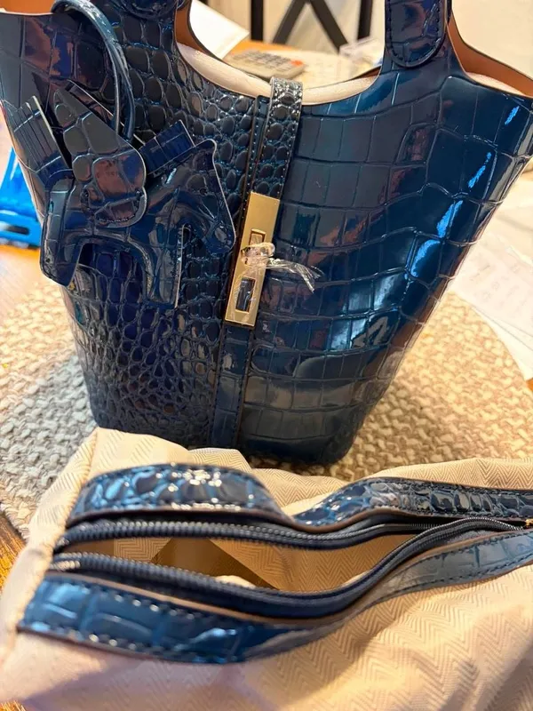 Luxury Navy Blue Croc-Embossed Bucket Bag with Gold Hardware & Charm - Image 7
