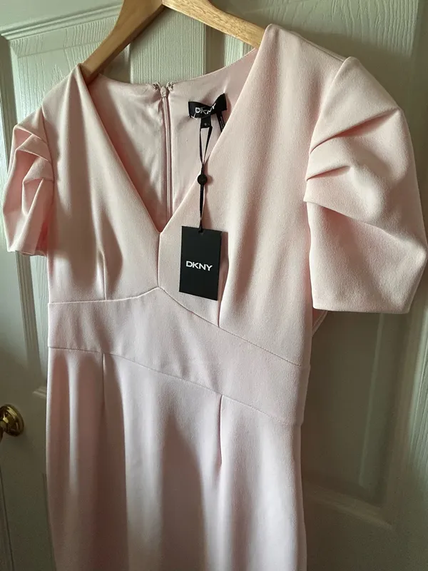 DKNY Pink Pleated Short Sleeve V-Neck Sheath Dress Sz 10 Autumn Wedding Guest - Image 6