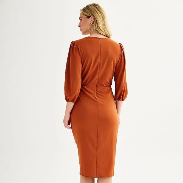 Rust Ruched Cocktail Midi Dress Puff Sleeve Wedding Guest Size 4 - Image 10