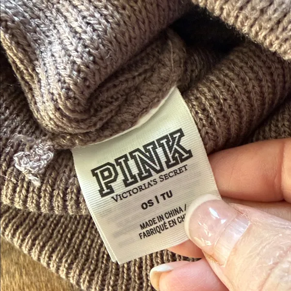 VS PINK Taupe Knit Beanie Sparke Embellished Logo - Image 3