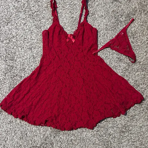 Red Lace Babydoll Lingerie with Bow Accent - Image 5