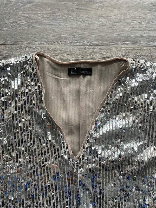 Zara Silver Sequin V-Neck Mini Swing Dress Womens Sz Medium Holiday New Year - Image 4