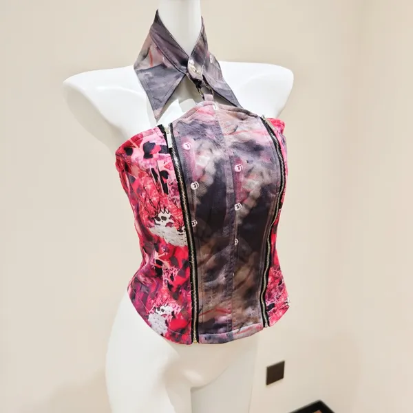 Edgy Printed Halter Corset Top Women Metal Ring - Image 3