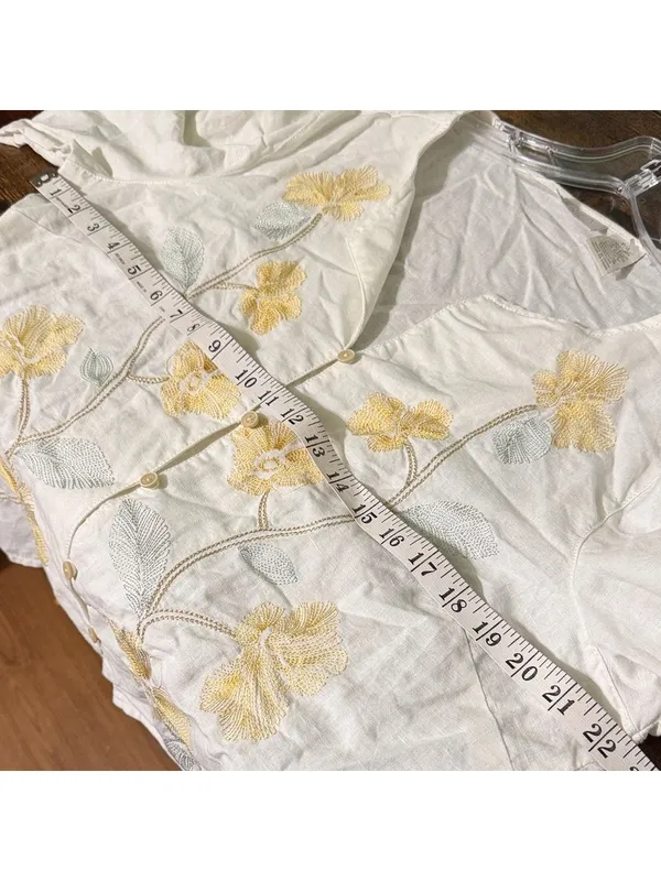 Yellow Floral Linen Blend Blouse cottagecore beach coastal boho embroidered - Image 7