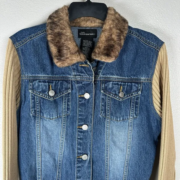 Y2K No Boundaries Fur Collar‎ Denim Jacket Sweater Ribbed 2000s Juniors Large - Image 3