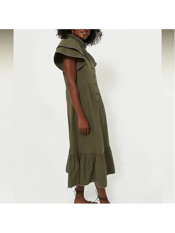 Tuckernuck Olive Green Alice Button Front Midi Dress Collar V Neck Scallop S - Image 5
