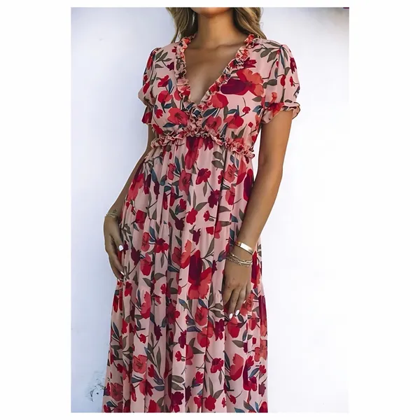 Lg Floral Ruffle V-Neck Maxi Dress in Blush Red - Image 3